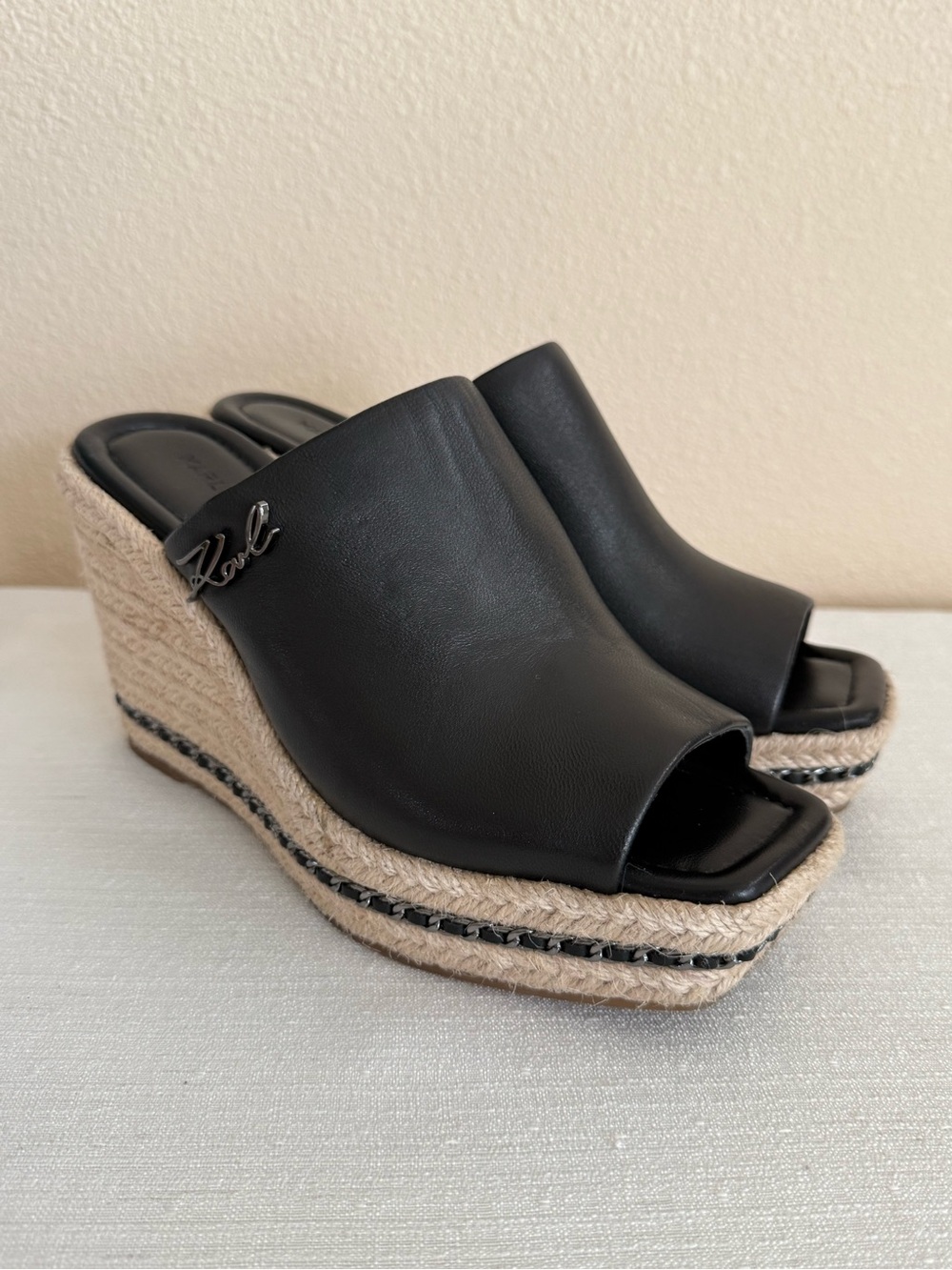 Karl Lagerfeld Corissa Black Leather Espadrille Wedge Mule Sandals